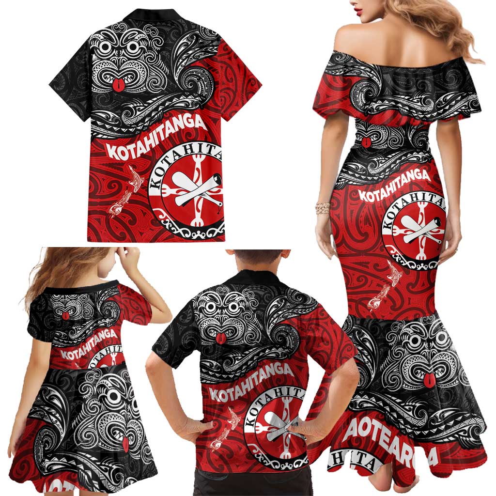 Maori Kotahitanga Family Matching Mermaid Dress and Hawaiian Shirt Aotearoa Spirit with Maori Mask and Polynesian Art Tattoo