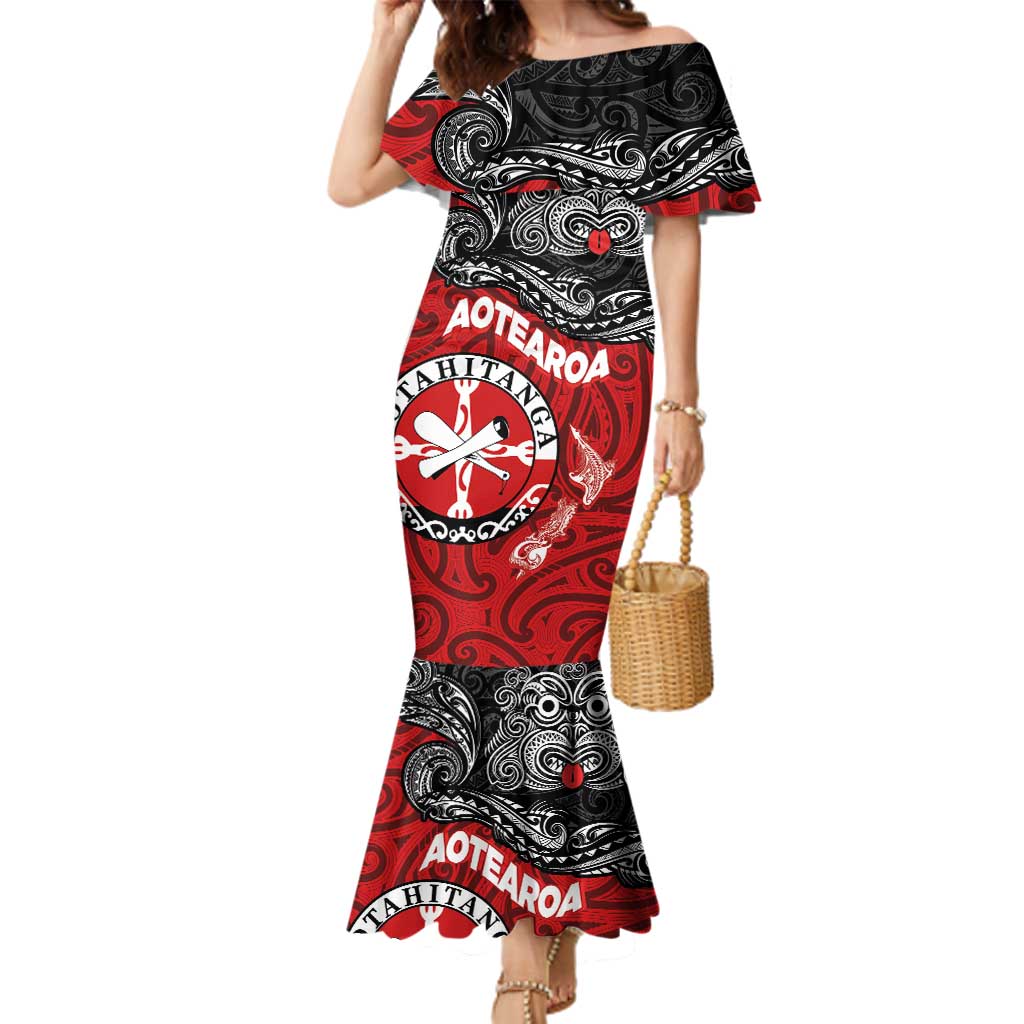 Maori Kotahitanga Family Matching Mermaid Dress and Hawaiian Shirt Aotearoa Spirit with Maori Mask and Polynesian Art Tattoo