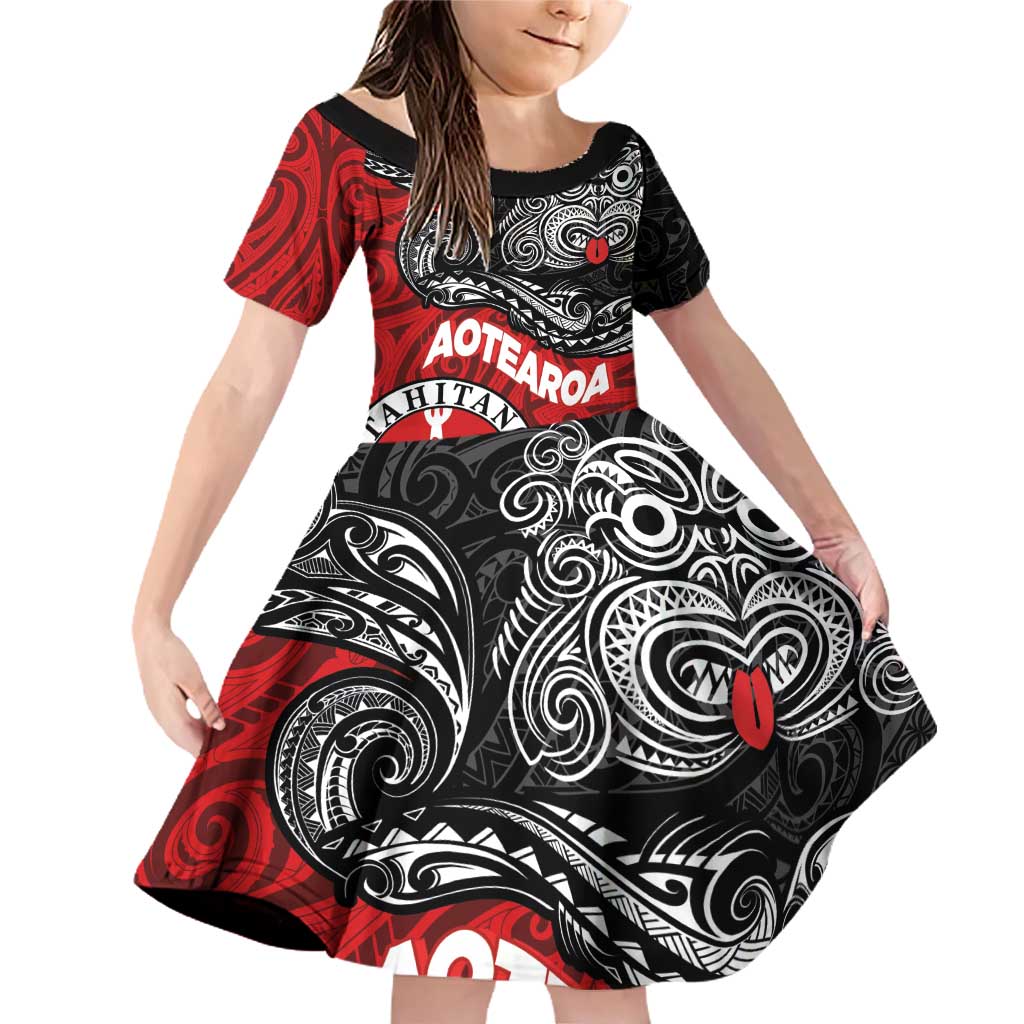 Maori Kotahitanga Family Matching Off Shoulder Short Dress and Hawaiian Shirt Aotearoa Spirit with Maori Mask and Polynesian Art Tattoo