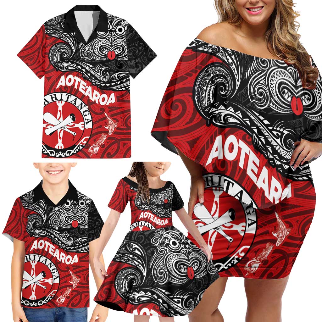 Maori Kotahitanga Family Matching Off Shoulder Short Dress and Hawaiian Shirt Aotearoa Spirit with Maori Mask and Polynesian Art Tattoo
