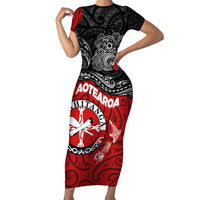 Maori Kotahitanga Family Matching Short Sleeve Bodycon Dress and Hawaiian Shirt Aotearoa Spirit with Maori Mask and Polynesian Art Tattoo