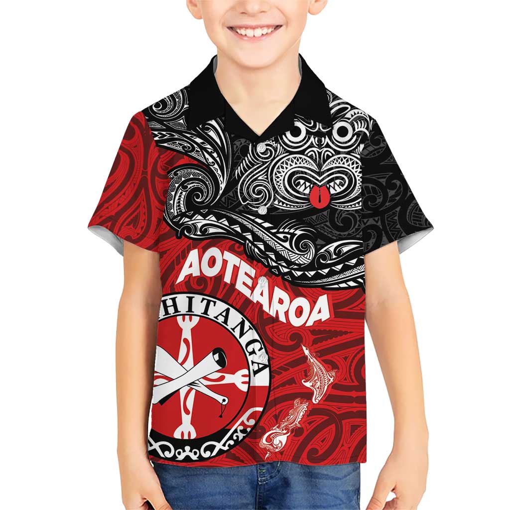 Maori Kotahitanga Kid Hawaiian Shirt Aotearoa Spirit with Maori Mask and Polynesian Art Tattoo LT03 Kid Red - Polynesian Pride