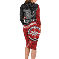 Maori Kotahitanga Long Sleeve Bodycon Dress Aotearoa Spirit with Maori Mask and Polynesian Art Tattoo