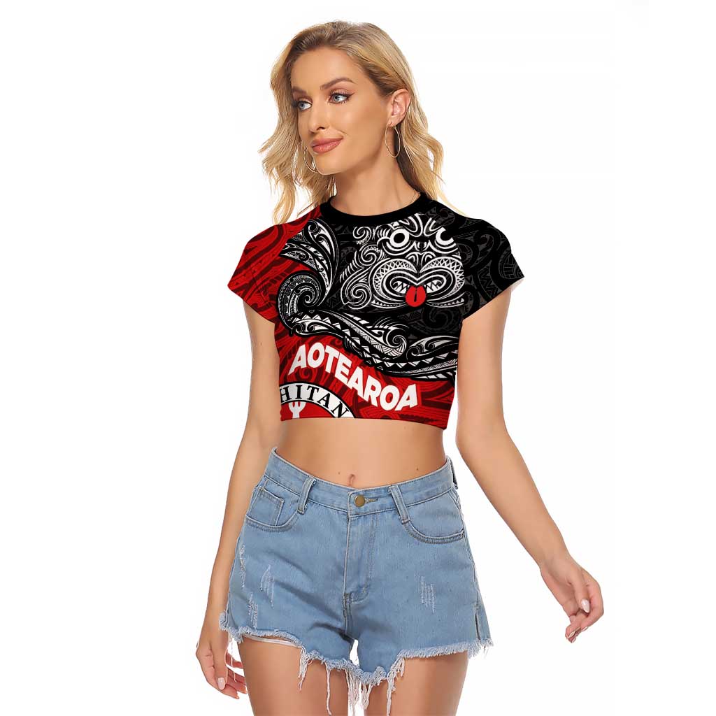 Maori Kotahitanga Raglan Cropped T Shirt Aotearoa Spirit with Maori Mask and Polynesian Art Tattoo