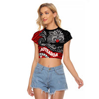 Maori Kotahitanga Raglan Cropped T Shirt Aotearoa Spirit with Maori Mask and Polynesian Art Tattoo