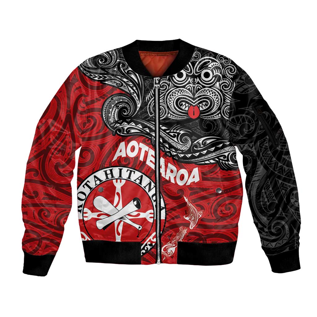 Maori Kotahitanga Sleeve Zip Bomber Jacket Aotearoa Spirit with Maori Mask and Polynesian Art Tattoo