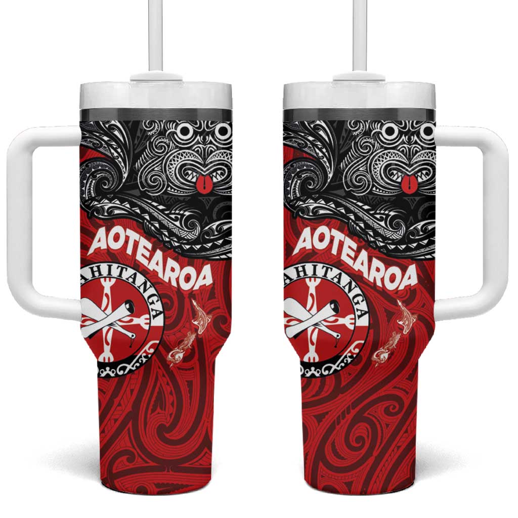Maori Kotahitanga Tumbler With Handle Aotearoa Spirit with Maori Mask and Polynesian Art Tattoo LT03