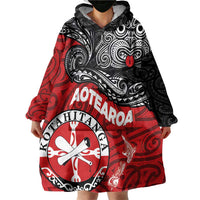 Maori Kotahitanga Wearable Blanket Hoodie Aotearoa Spirit with Maori Mask and Polynesian Art Tattoo