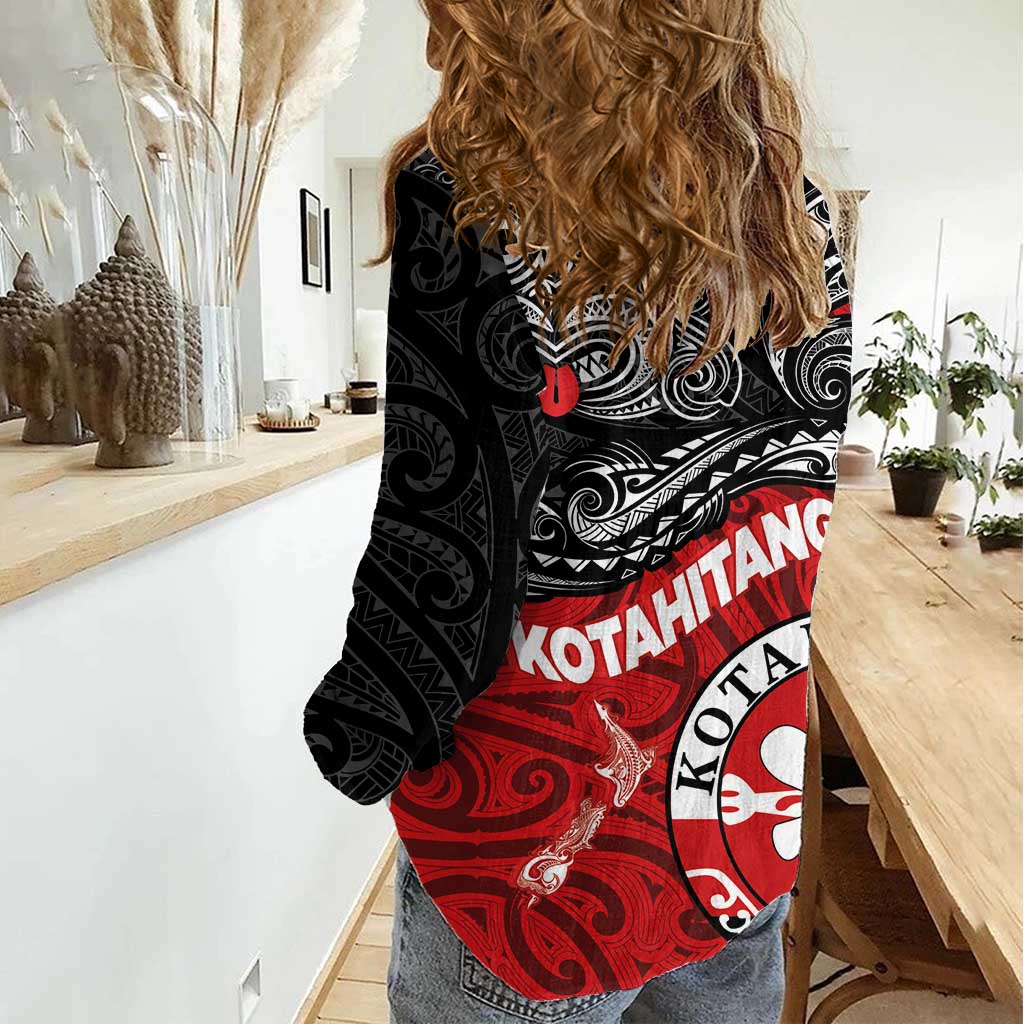 Maori Kotahitanga Women Casual Shirt Aotearoa Spirit with Maori Mask and Polynesian Art Tattoo