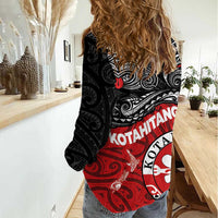 Maori Kotahitanga Women Casual Shirt Aotearoa Spirit with Maori Mask and Polynesian Art Tattoo