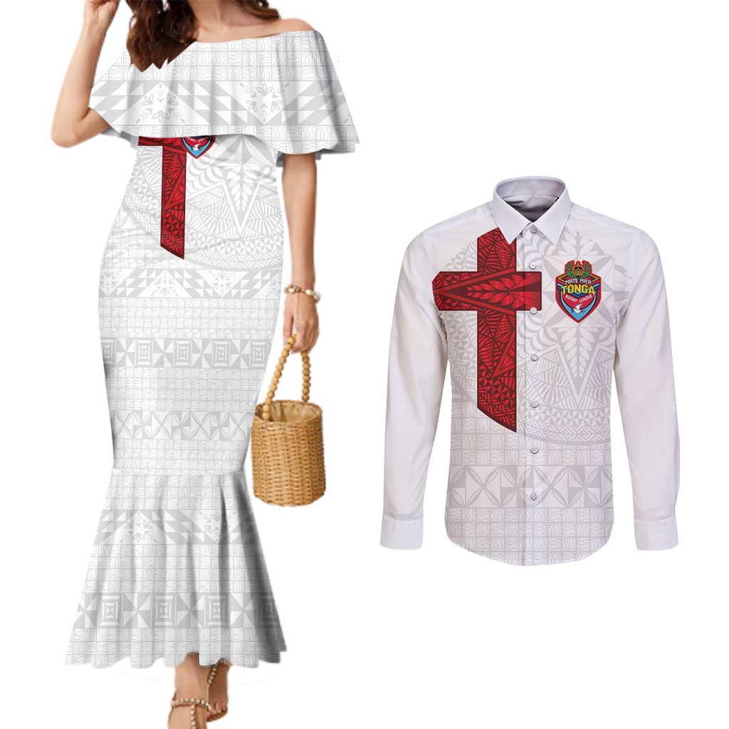 Custom Tonga Ngatu Art Rugby Mate Ma'a Couples Matching Mermaid Dress and Long Sleeve Button Shirt - Polynesian Pride