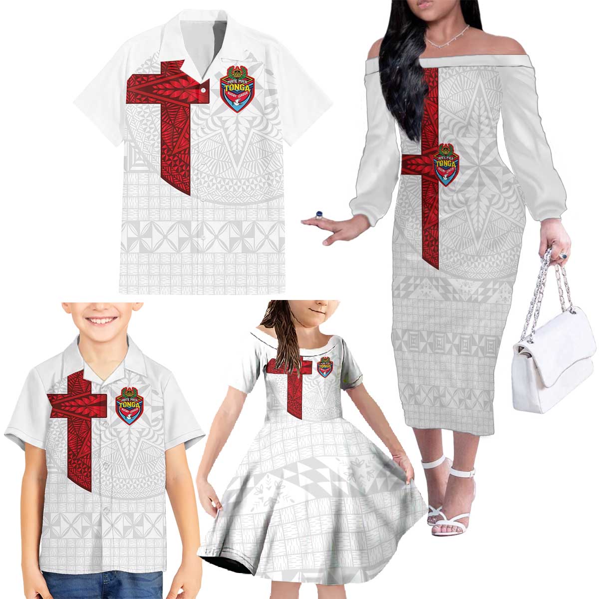 Custom Tonga Ngatu Art Rugby Mate Ma'a Family Matching Off The Shoulder Long Sleeve Dress and Hawaiian Shirt - Polynesian Pride