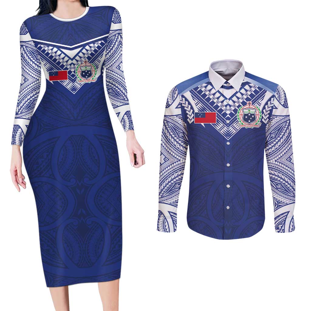 Custom Samoa Rugby Couples Matching Long Sleeve Bodycon Dress and Long Sleeve Button Shirt Pacific Motifs - Polynesian Pride