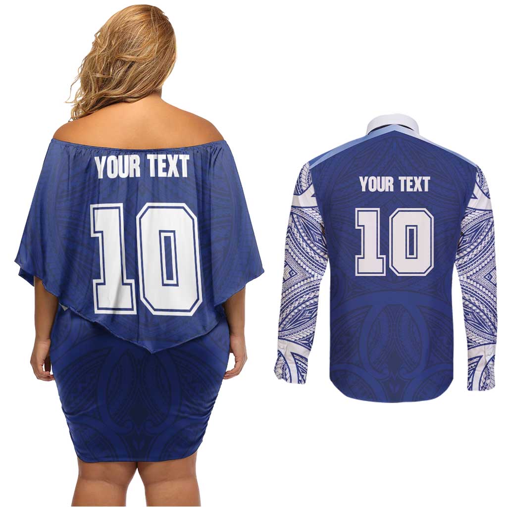 Custom Samoa Rugby Couples Matching Off Shoulder Short Dress and Long Sleeve Button Shirt Pacific Motifs - Polynesian Pride