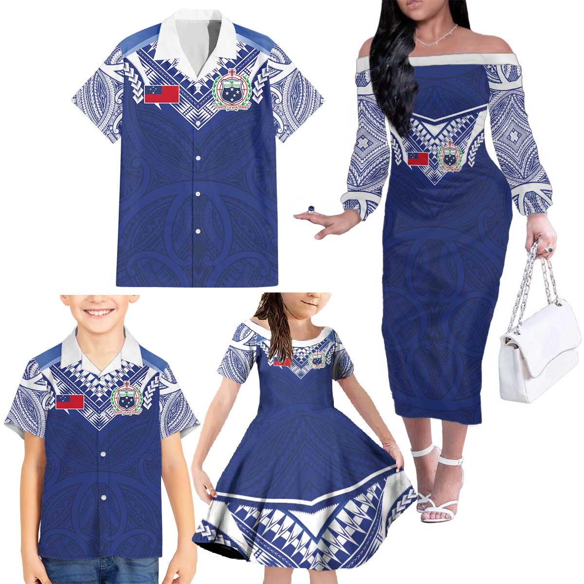 Custom Samoa Rugby Family Matching Off The Shoulder Long Sleeve Dress and Hawaiian Shirt Pacific Motifs - Polynesian Pride