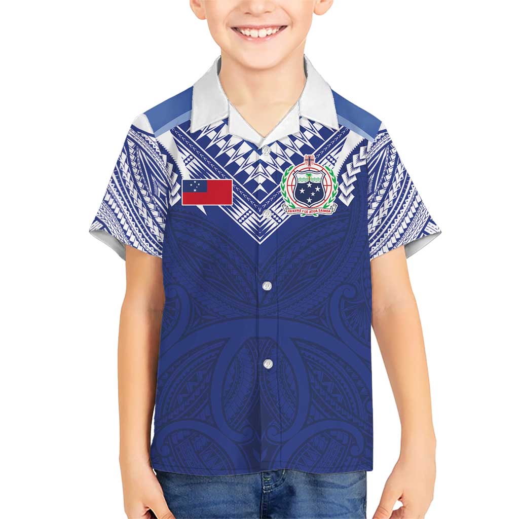 Custom Samoa Rugby Family Matching Short Sleeve Bodycon Dress and Hawaiian Shirt Pacific Motifs LT03 Son's Shirt Blue - Polynesian Pride