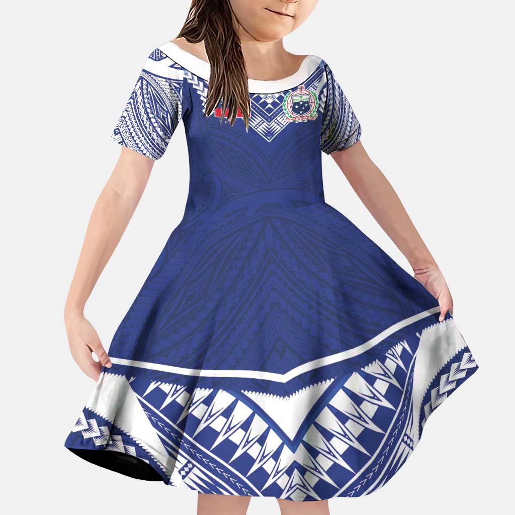 Custom Samoa Rugby Family Matching Tank Maxi Dress and Hawaiian Shirt Pacific Motifs LT03 Daughter's Dress Blue - Polynesian Pride