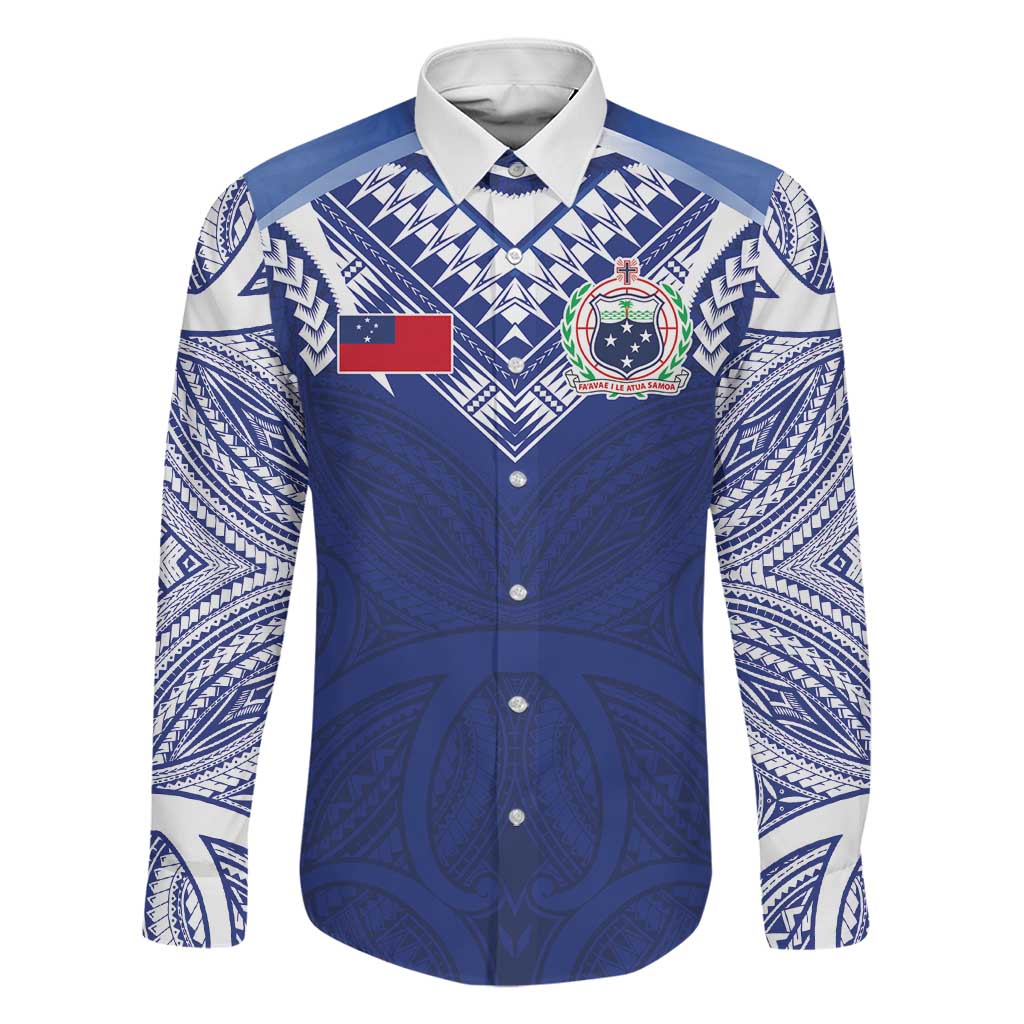 Custom Samoa Rugby Family Matching Tank Maxi Dress and Hawaiian Shirt Pacific Motifs LT03 Dad's Shirt - Long Sleeve Blue - Polynesian Pride