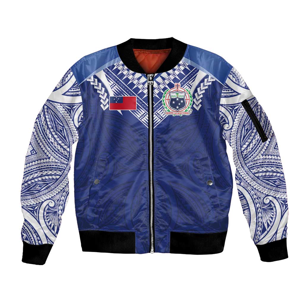 Custom Samoa Rugby Sleeve Zip Bomber Jacket Pacific Motifs - Polynesian Pride