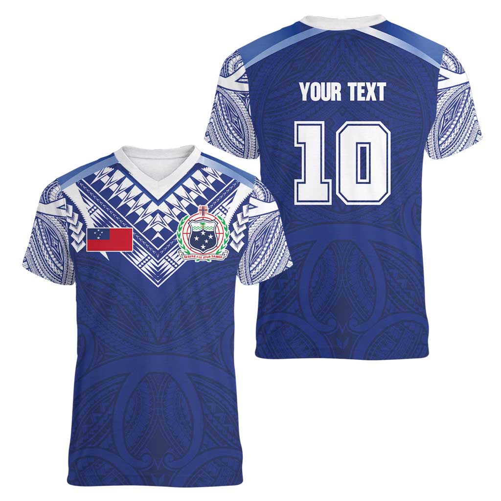 Custom Samoa Rugby Women V-Neck T-Shirt Pacific Motifs - Polynesian Pride