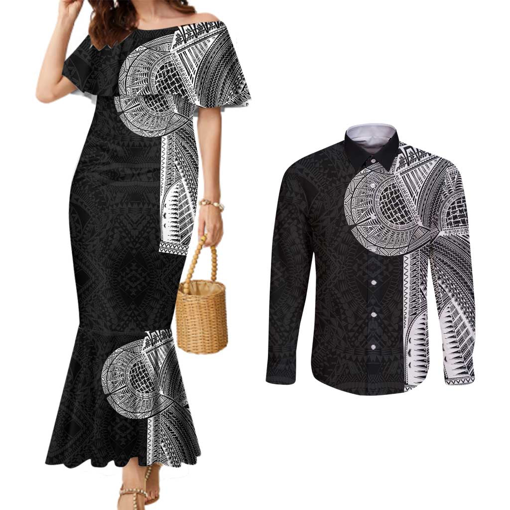 Samoan Tatau Couples Matching Mermaid Dress and Long Sleeve Button Shirt Art Tribal Traditional Tattoos - Polynesian Pride