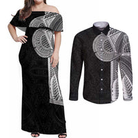 Samoan Tatau Couples Matching Off Shoulder Maxi Dress and Long Sleeve Button Shirt Art Tribal Traditional Tattoos - Polynesian Pride