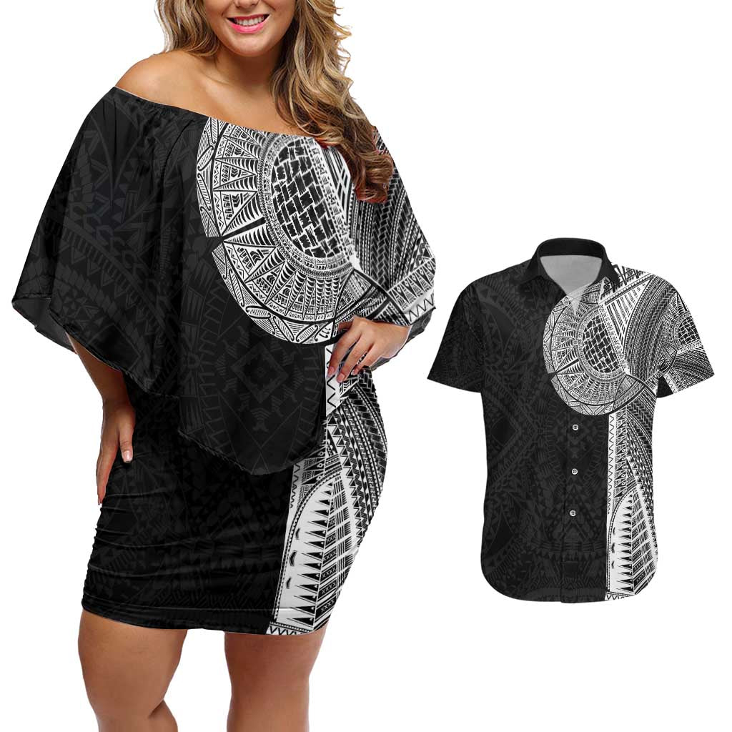 Samoan Tatau Couples Matching Off Shoulder Short Dress and Hawaiian Shirt Art Tribal Traditional Tattoos - Polynesian Pride