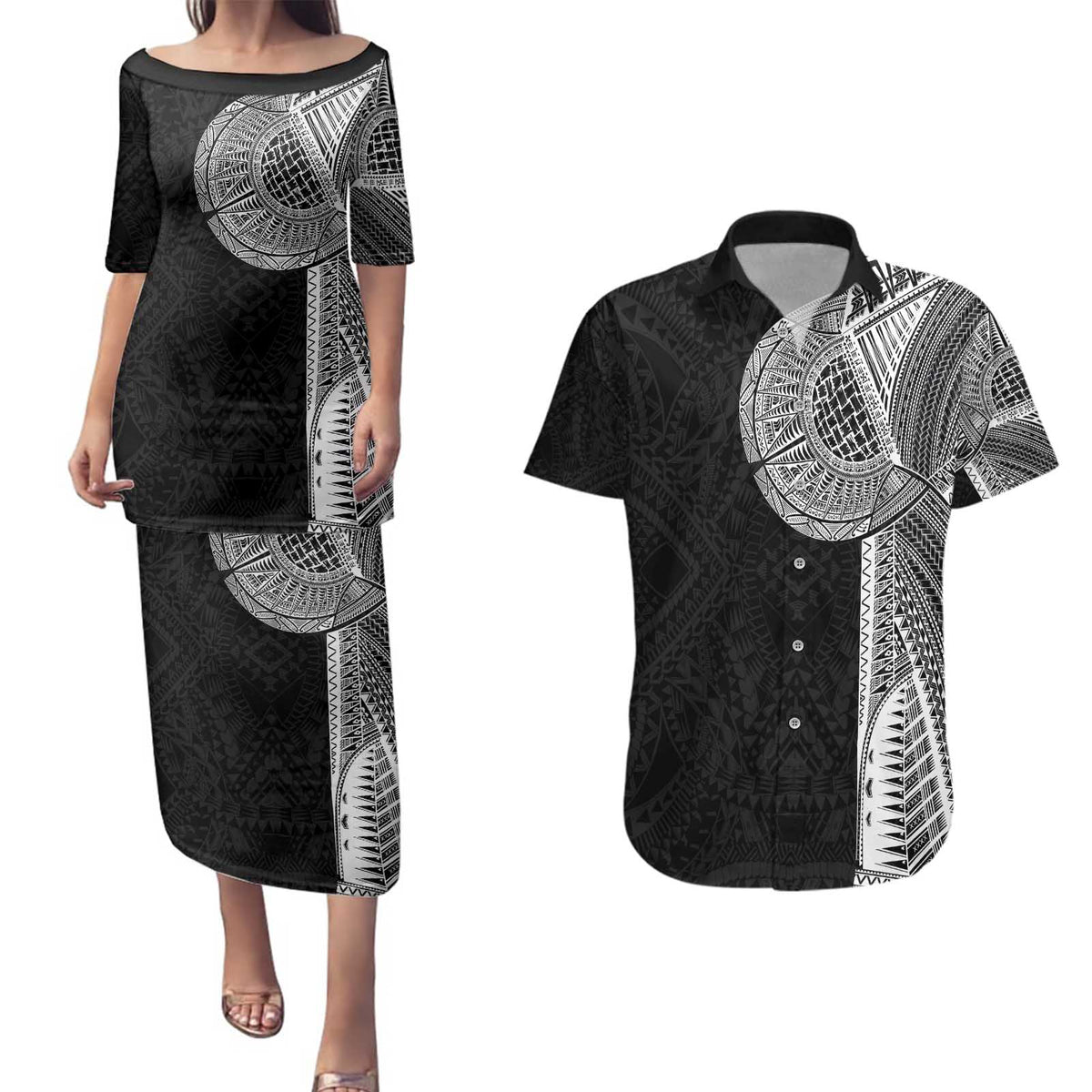 Samoan Tatau Couples Matching Puletasi and Hawaiian Shirt Art Tribal Traditional Tattoos - Polynesian Pride