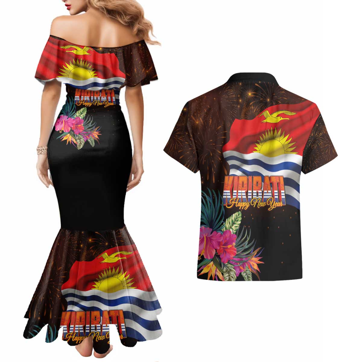 Kiribati Flag and Fireworks Couples Matching Mermaid Dress and Hawaiian Shirt First Place Welcome the New Year - Polynesian Pride