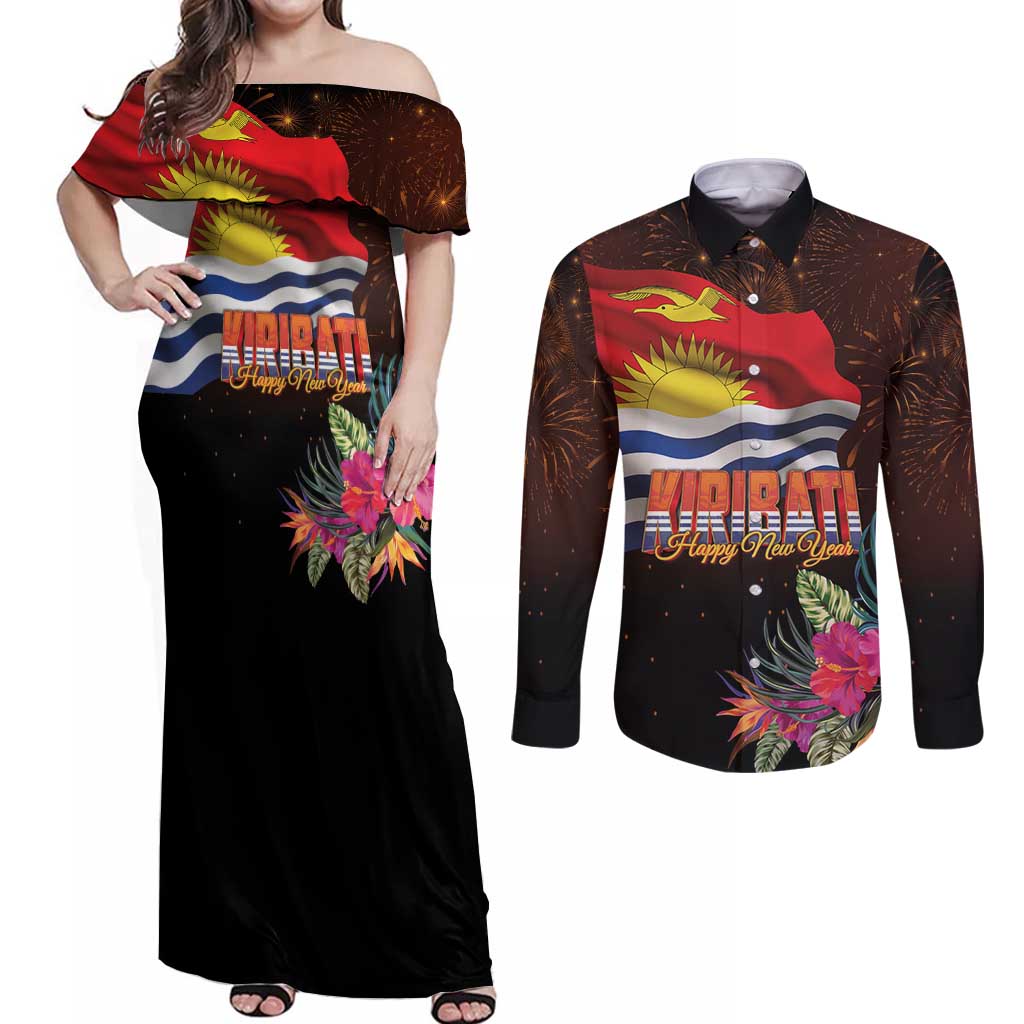 Kiribati Flag and Fireworks Couples Matching Off Shoulder Maxi Dress and Long Sleeve Button Shirt First Place Welcome the New Year - Polynesian Pride