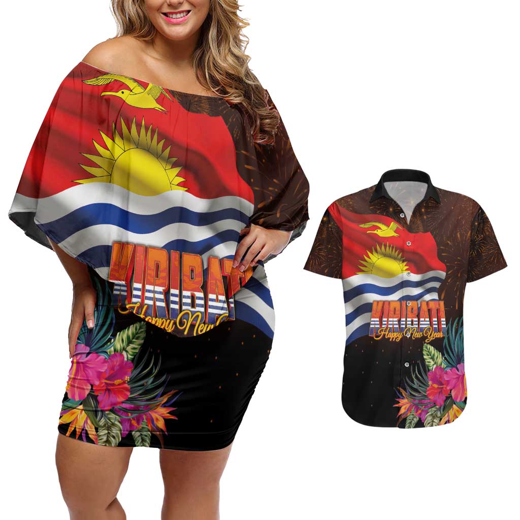 Kiribati Flag and Fireworks Couples Matching Off Shoulder Short Dress and Hawaiian Shirt First Place Welcome the New Year - Polynesian Pride