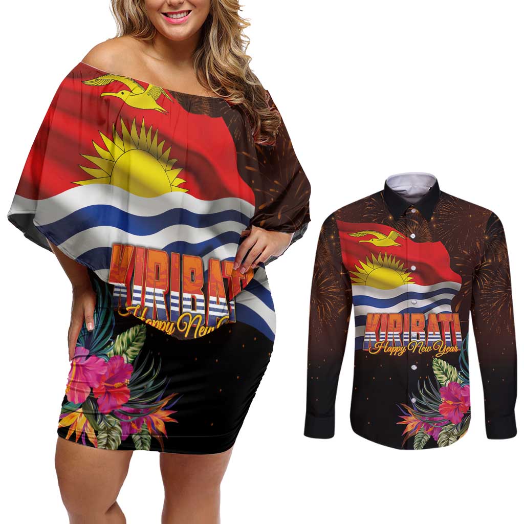 Kiribati Flag and Fireworks Couples Matching Off Shoulder Short Dress and Long Sleeve Button Shirt First Place Welcome the New Year - Polynesian Pride