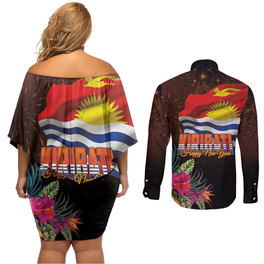 Kiribati Flag and Fireworks Couples Matching Off Shoulder Short Dress and Long Sleeve Button Shirt First Place Welcome the New Year - Polynesian Pride