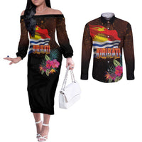 Kiribati Flag and Fireworks Couples Matching Off The Shoulder Long Sleeve Dress and Long Sleeve Button Shirt First Place Welcome the New Year - Polynesian Pride