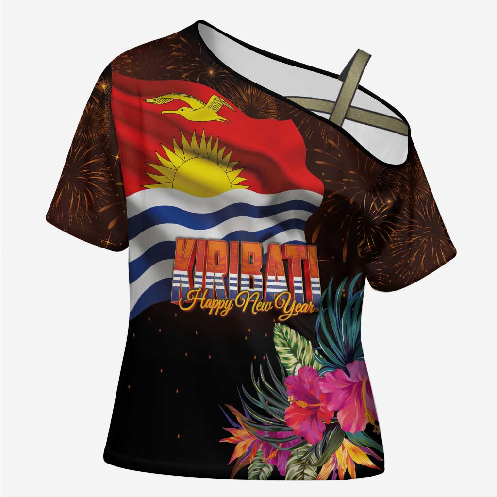 Kiribati Flag and Fireworks Cross Shoulder Shirt First Place Welcome the New Year - Polynesian Pride