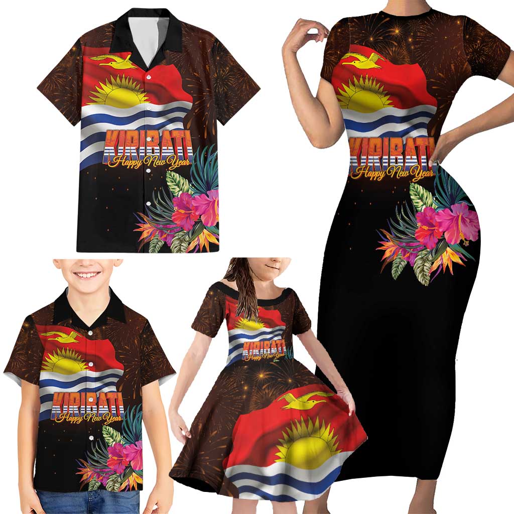 Kiribati Flag and Fireworks Family Matching Short Sleeve Bodycon Dress and Hawaiian Shirt First Place Welcome the New Year - Polynesian Pride