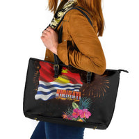 Kiribati Flag and Fireworks Leather Tote Bag First Place Welcome the New Year - Polynesian Pride