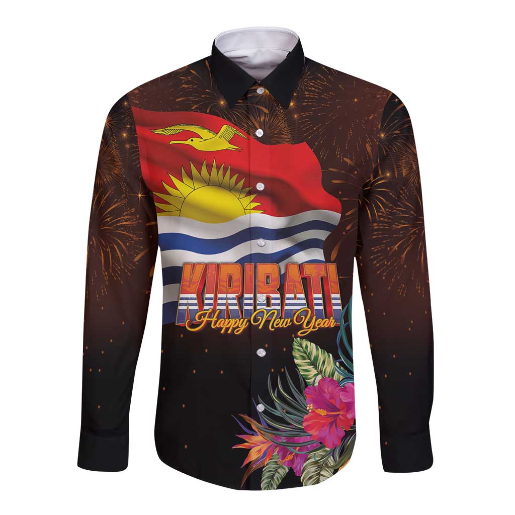 Kiribati Flag and Fireworks Long Sleeve Button Shirt First Place Welcome the New Year - Polynesian Pride