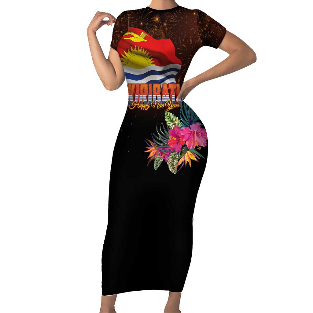 Kiribati Flag and Fireworks Short Sleeve Bodycon Dress First Place Welcome the New Year - Polynesian Pride