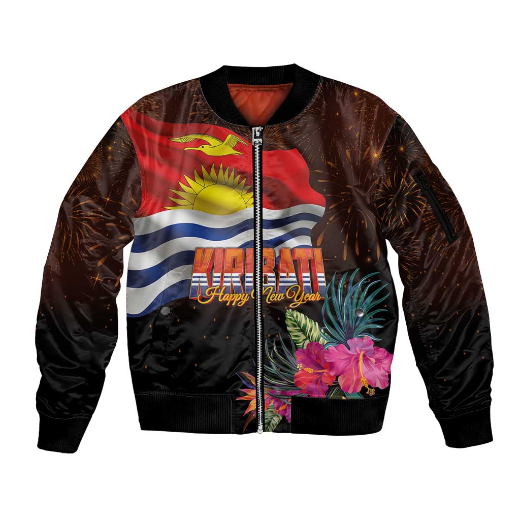 Kiribati Flag and Fireworks Sleeve Zip Bomber Jacket First Place Welcome the New Year - Polynesian Pride