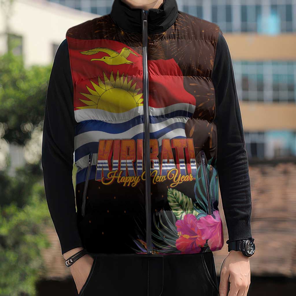 Kiribati Flag and Fireworks Sleeveless Puffer Jacket First Place Welcome the New Year - Polynesian Pride