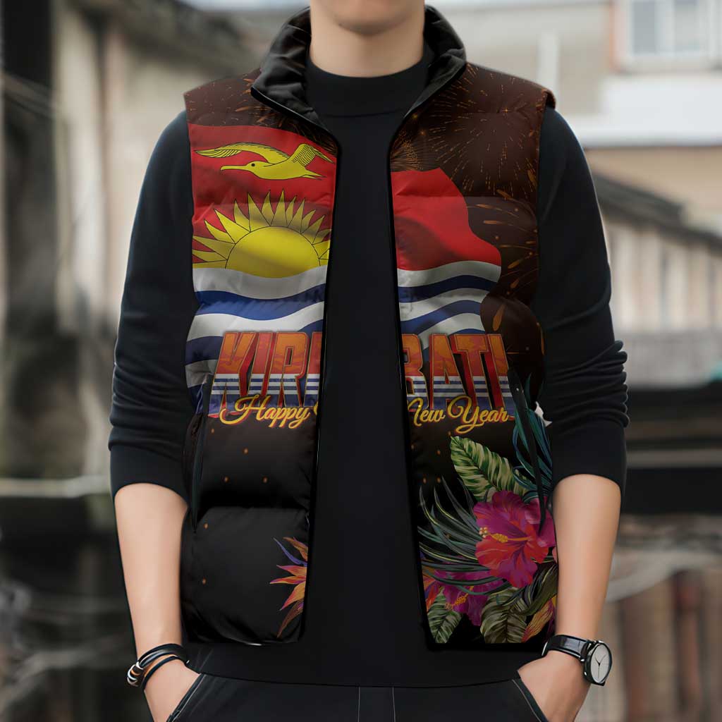 Kiribati Flag and Fireworks Sleeveless Puffer Jacket First Place Welcome the New Year - Polynesian Pride