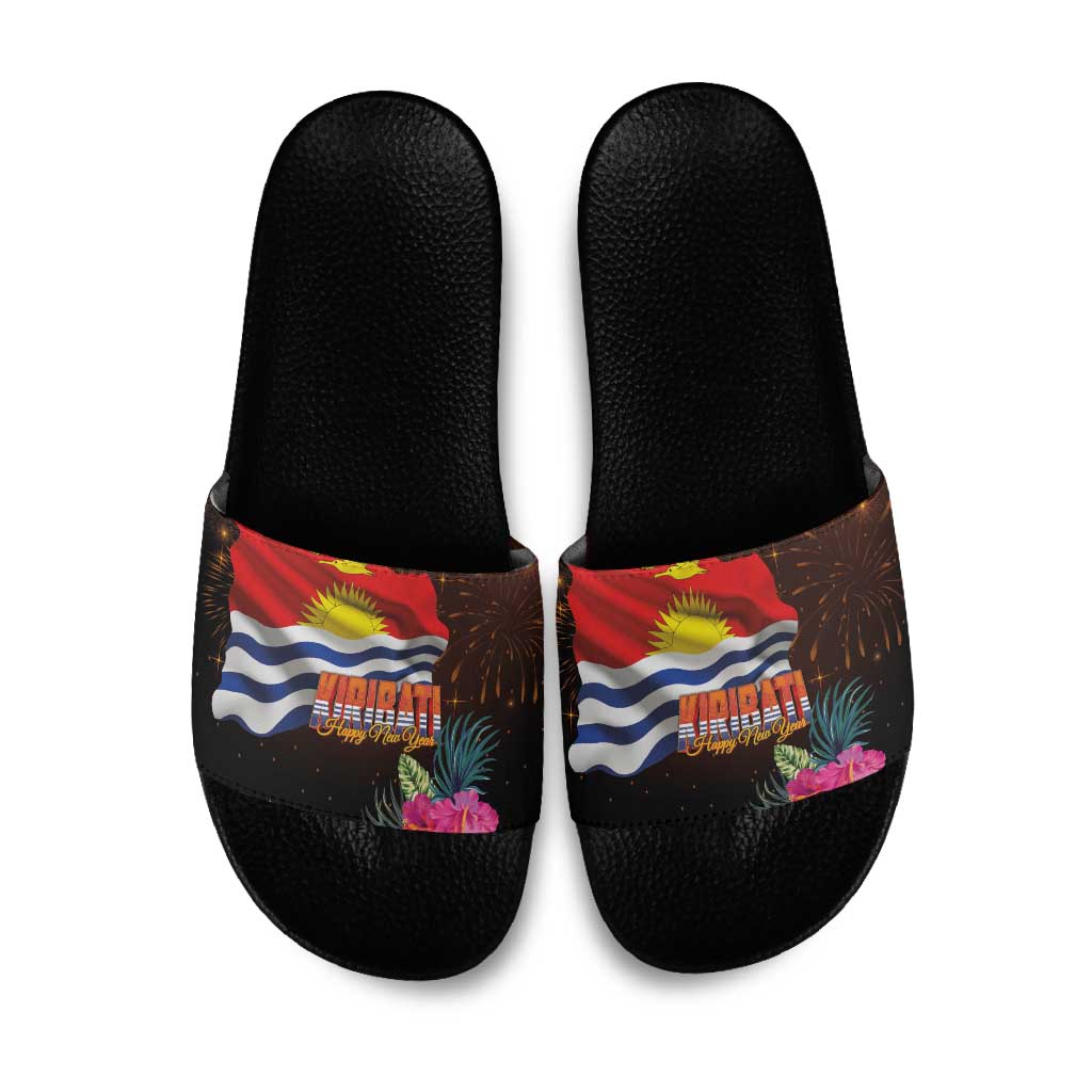 Kiribati Flag and Fireworks Slide Sandals First Place Welcome the New Year - Polynesian Pride