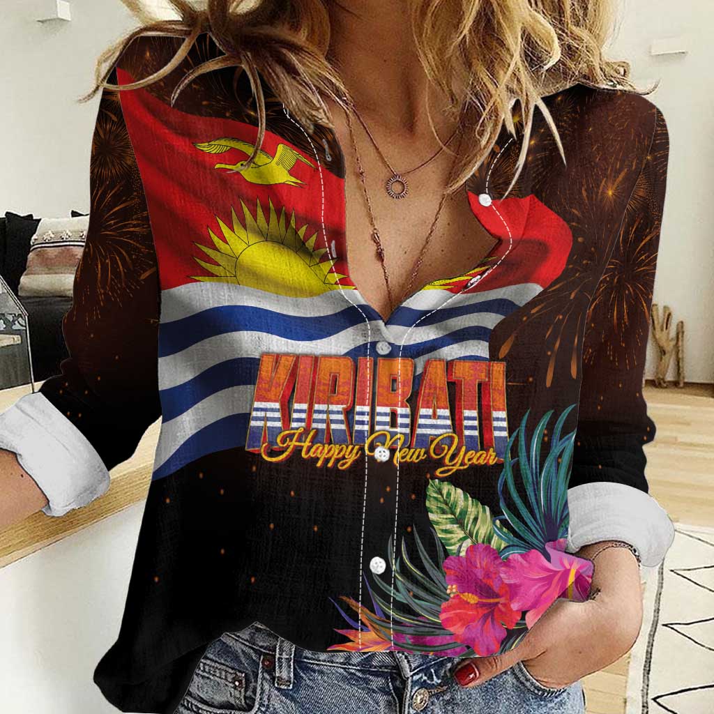 Kiribati Flag and Fireworks Women Casual Shirt First Place Welcome the New Year - Polynesian Pride