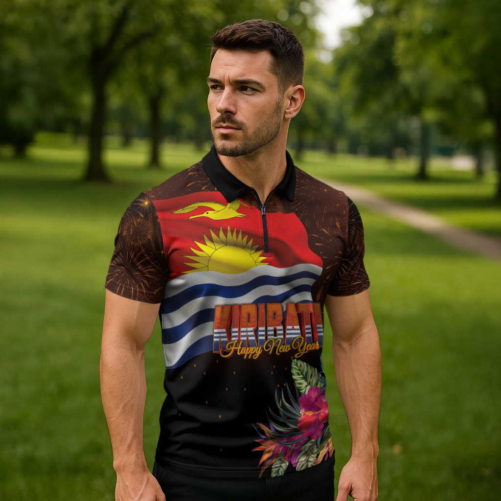 Kiribati Flag and Fireworks Zipper Polo Shirt First Place Welcome the New Year - Polynesian Pride