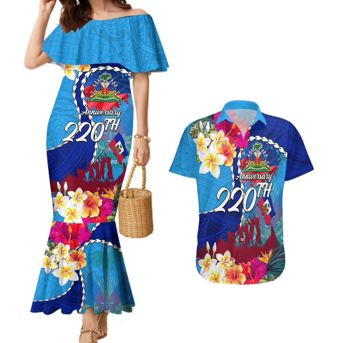 Personalised Haiti 220th Anniversary Independence Day Couples Matching Mermaid Dress and Hawaiian Shirt Ayiti Flower with Polynesian Pattern LT03 Blue - Polynesian Pride