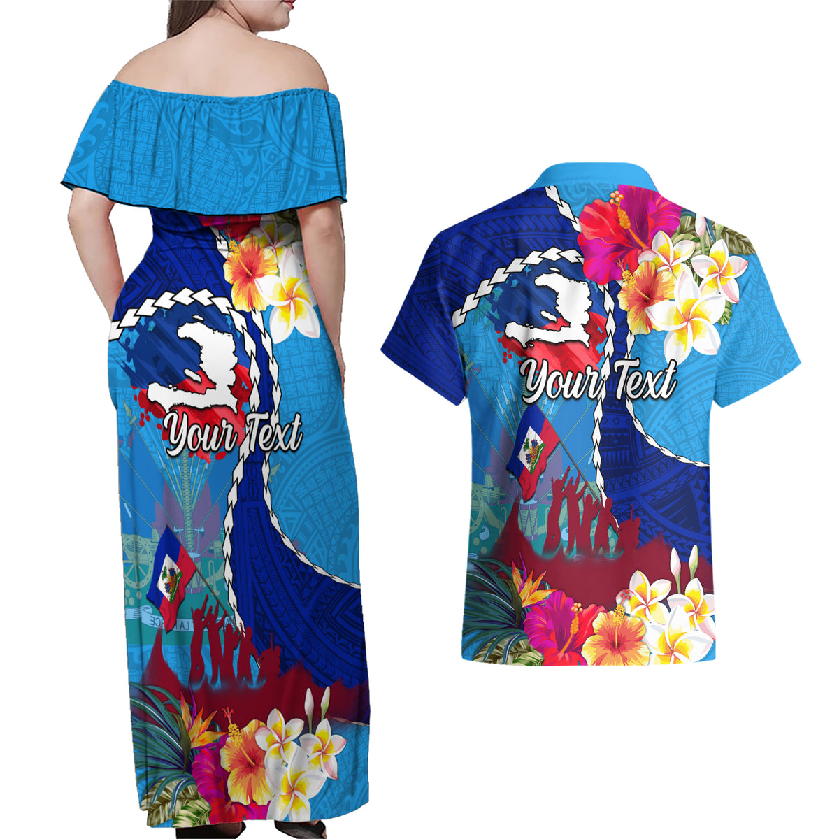 Personalised Haiti 220th Anniversary Independence Day Couples Matching Off Shoulder Maxi Dress and Hawaiian Shirt Ayiti Flower with Polynesian Pattern LT03 - Polynesian Pride