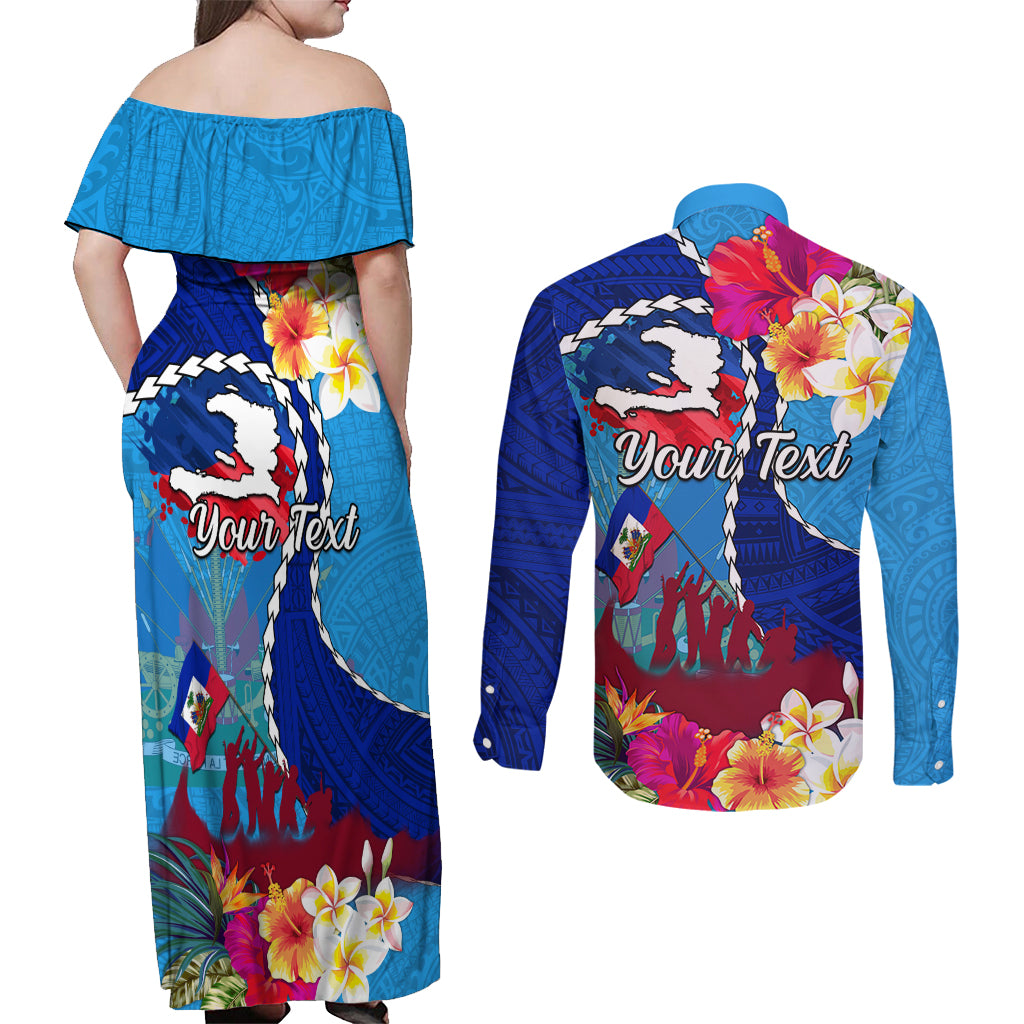 Personalised Haiti 220th Anniversary Independence Day Couples Matching Off Shoulder Maxi Dress and Long Sleeve Button Shirt Ayiti Flower with Polynesian Pattern LT03 - Polynesian Pride