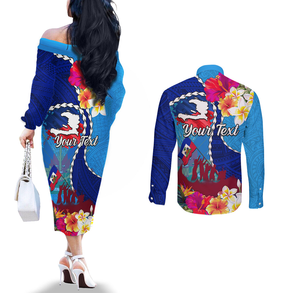 Personalised Haiti 220th Anniversary Independence Day Couples Matching Off The Shoulder Long Sleeve Dress and Long Sleeve Button Shirt Ayiti Flower with Polynesian Pattern LT03 - Polynesian Pride