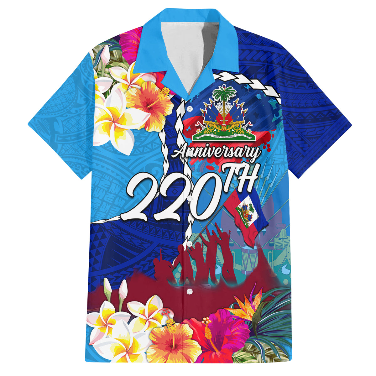 Personalised Haiti 220th Anniversary Independence Day Family Matching Long Sleeve Bodycon Dress and Hawaiian Shirt Ayiti Flower with Polynesian Pattern LT03 Dad's Shirt - Short Sleeve Blue - Polynesian Pride